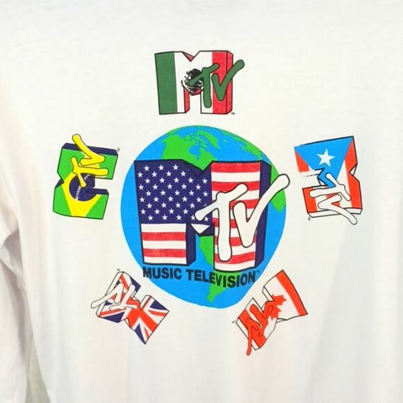 MTv WHITE T-shirt Mens Sz M Long Sleeve Unisex Colorful Retro Burnout Preppy VNT - Picture 2 of 5